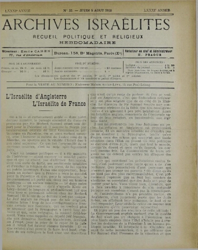 Archives israélites de France. Vol.81 N°32 (05 août 1920)